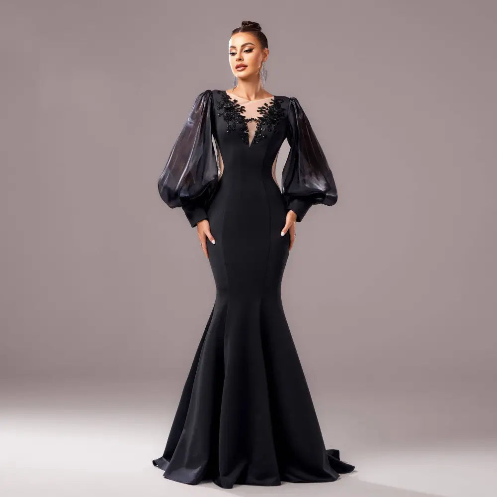 Beaded Long Sleeve Round Neck Fishtail Gown