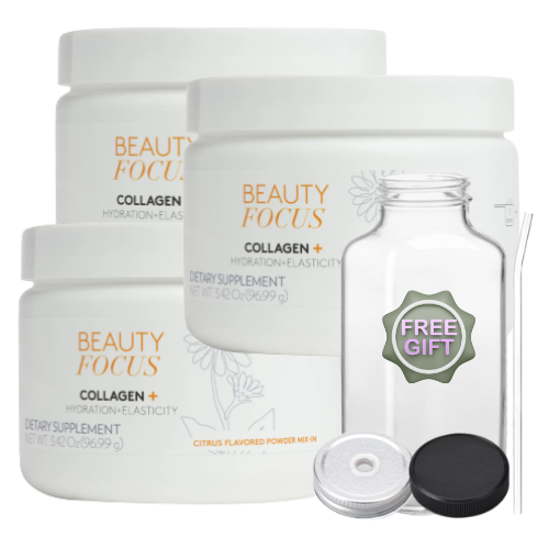 3 PACK - Beauty Focus® Powder Mix-In Collagen+ Citrus - includes Free 16oz Glass Jar with Lids and Straw-0