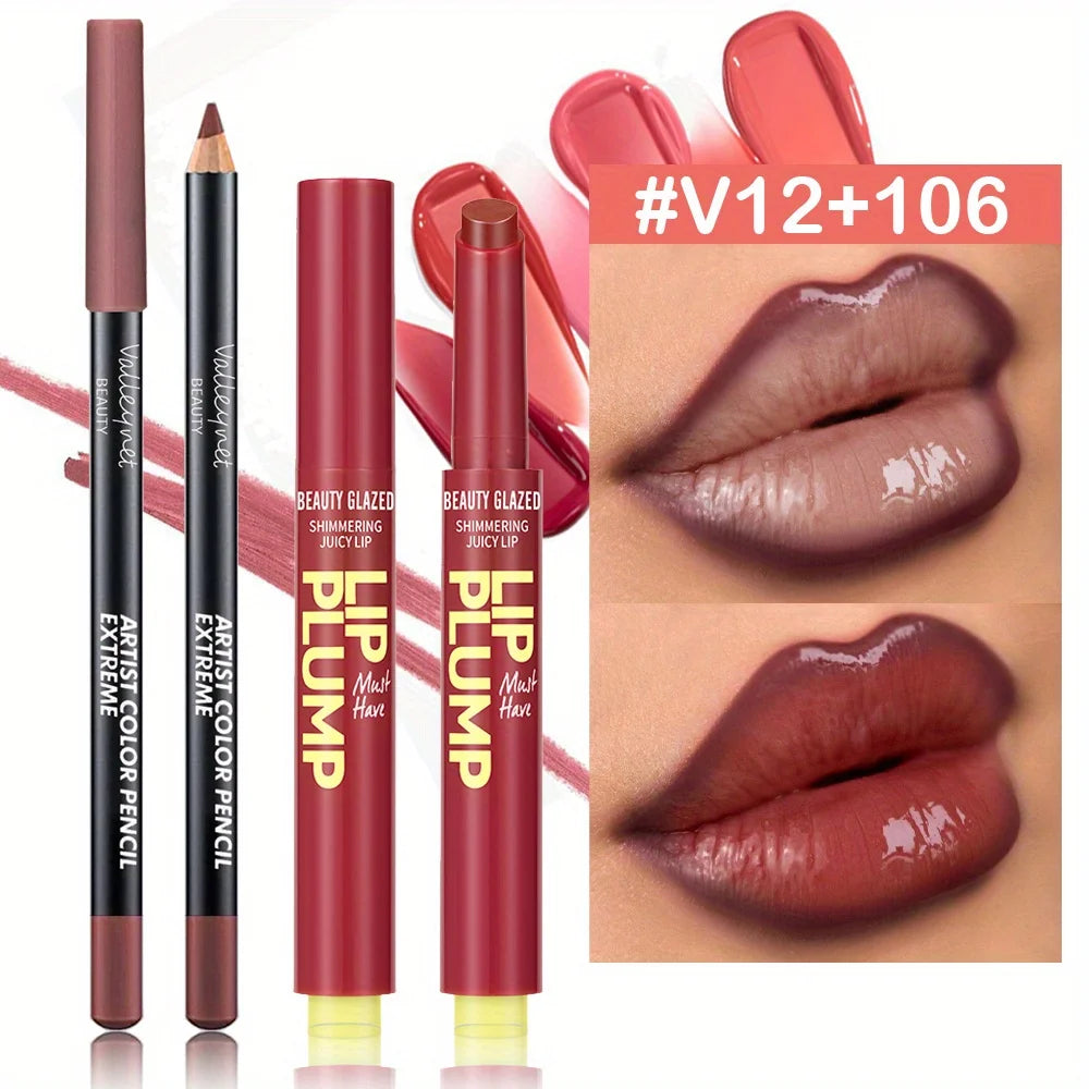 Lip makeup products including lip plump and pencil with close-up of lips wearing the product.