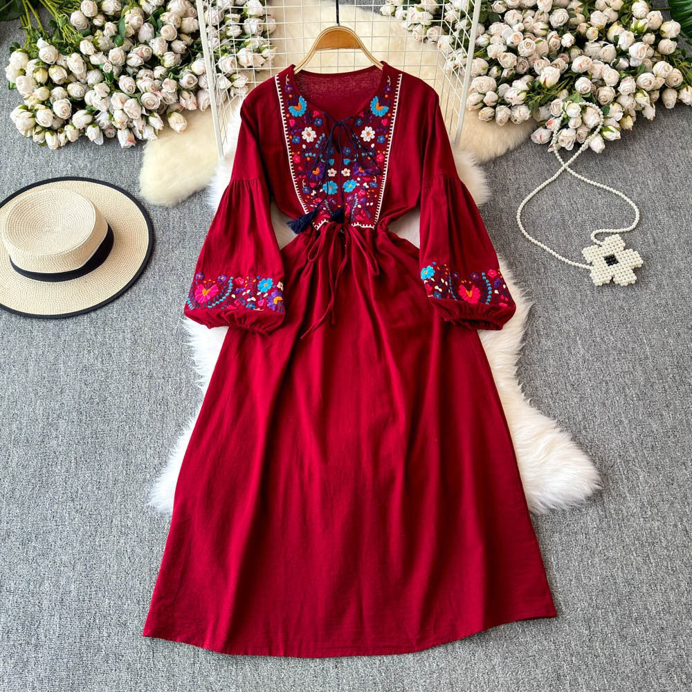 Bohemian Embroidery Fringe Tie-Waist Dress – Relaxed A-Line Maxi, Beach Vacation Flowing Gown