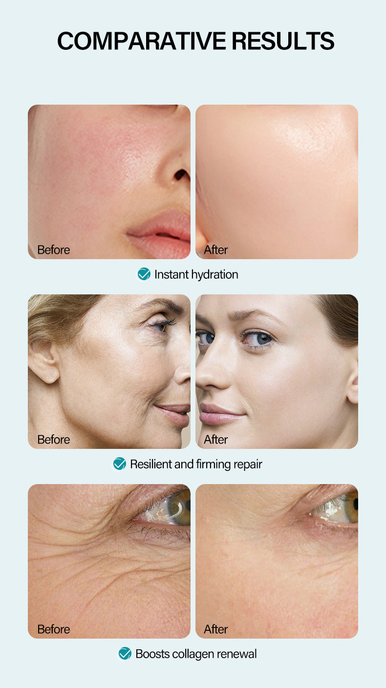 Before and after effects of a skincare product on skin, showing hydration, repair, and collagen renewal.