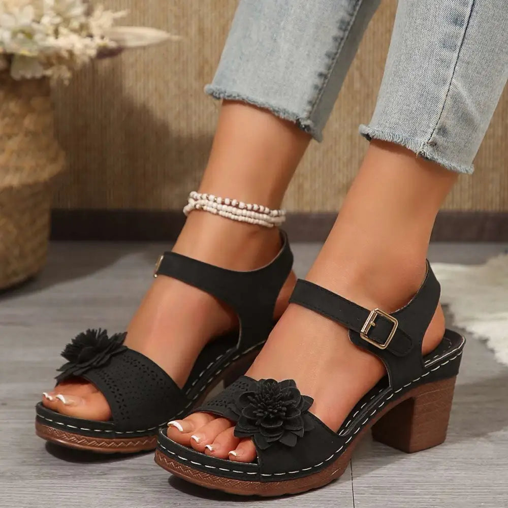 Beige Floral Flowers Chunky Heel Sandals