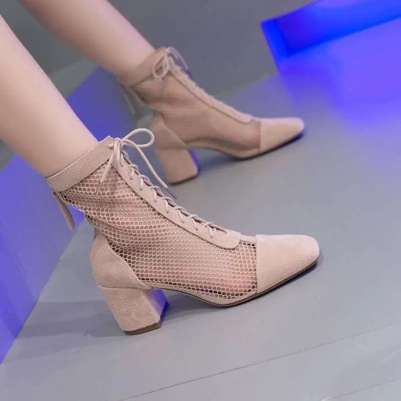 Beige Mesh Summer Long Sandal Boots