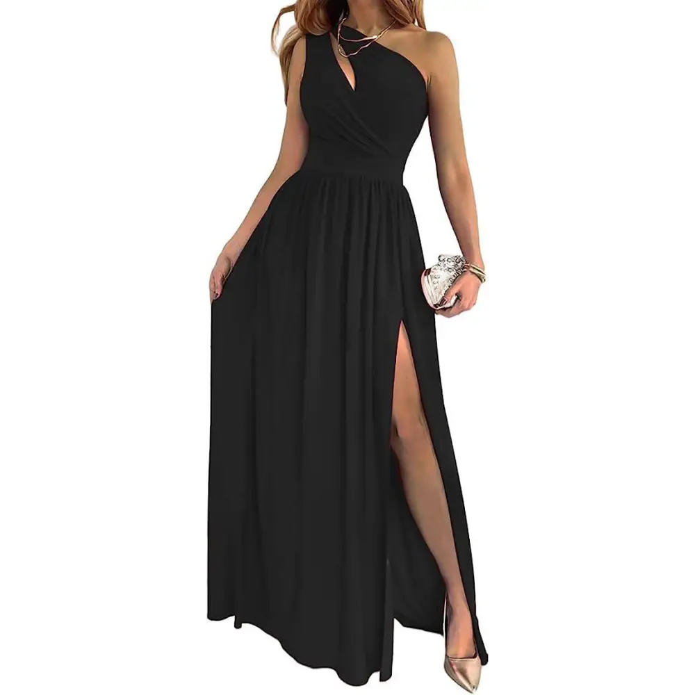 Beige One Shoulder High Split Cocktail Maxi Dress