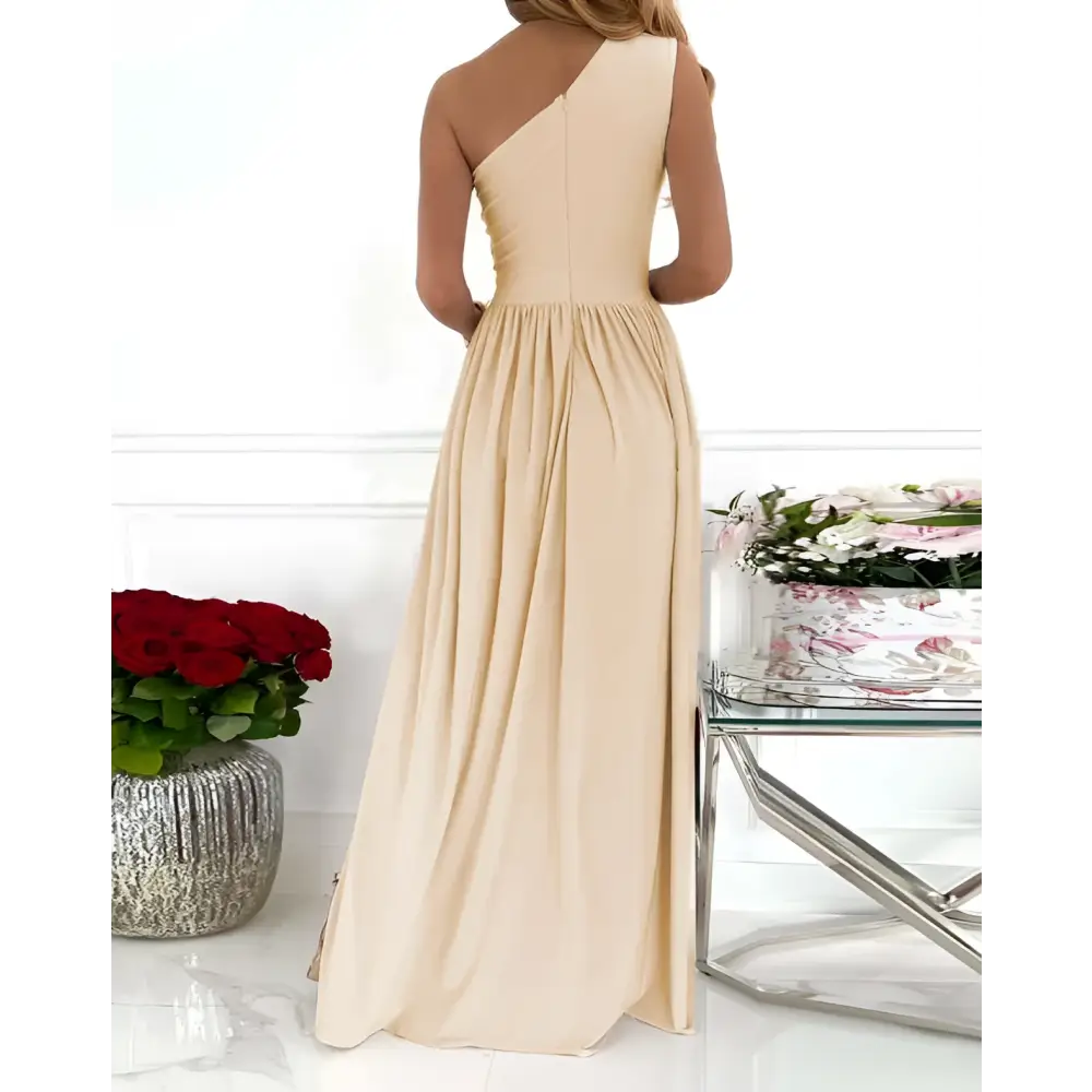 Beige One Shoulder High Split Cocktail Maxi Dress