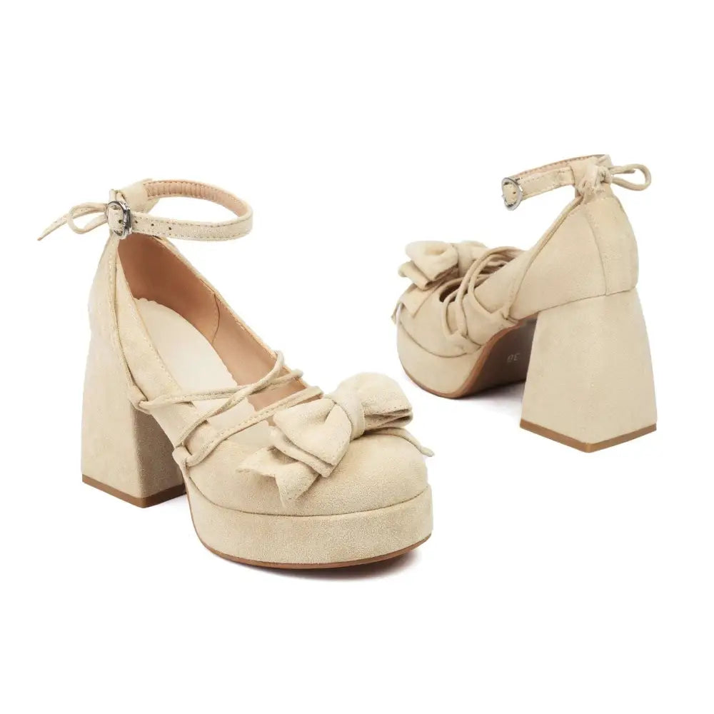Beige Platform Lolita Heels with Small Size Bow