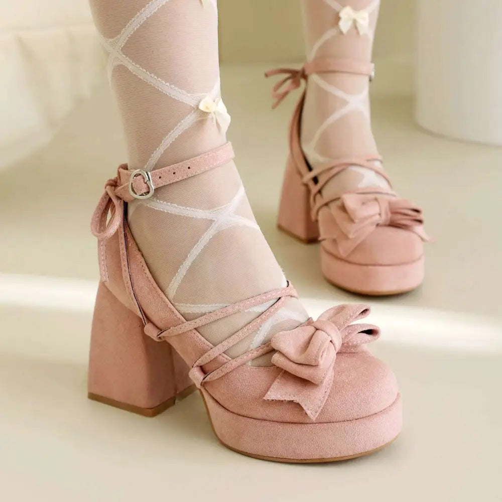 Beige Platform Lolita Heels with Small Size Bow