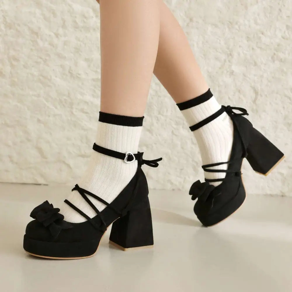 Beige Platform Lolita Heels with Small Size Bow