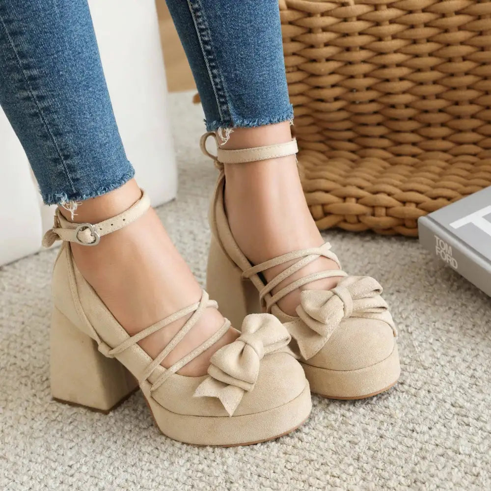 Beige Platform Lolita Heels with Small Size Bow