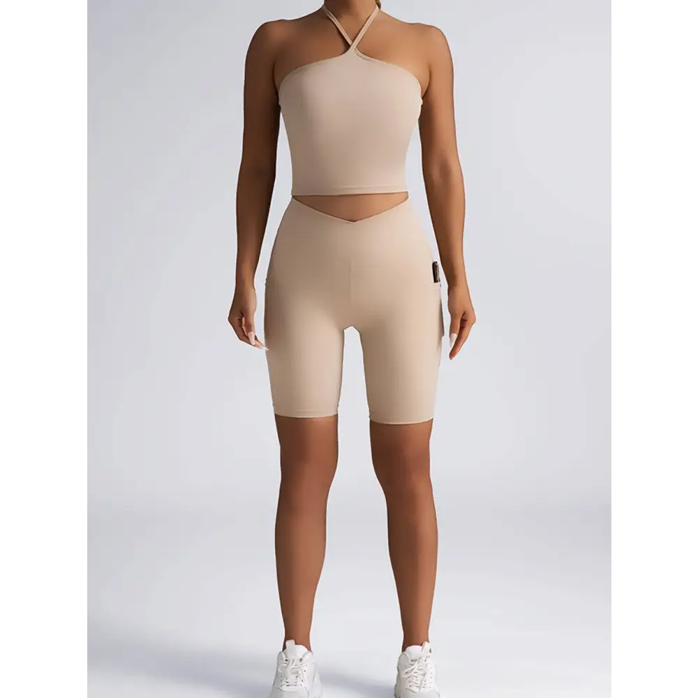 Beige Ribbed High Waist Workout Set