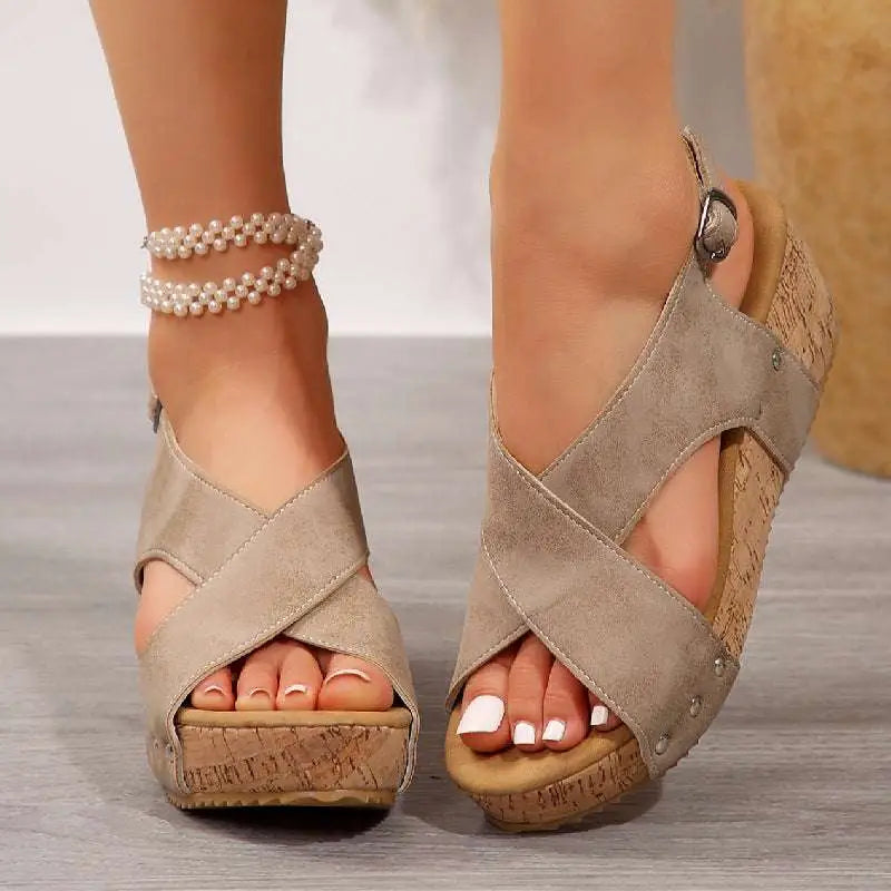 Beige Suede Rivet Wedges Snadals with Cork Soles