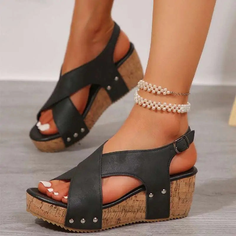 Beige Suede Rivet Wedges Snadals with Cork Soles
