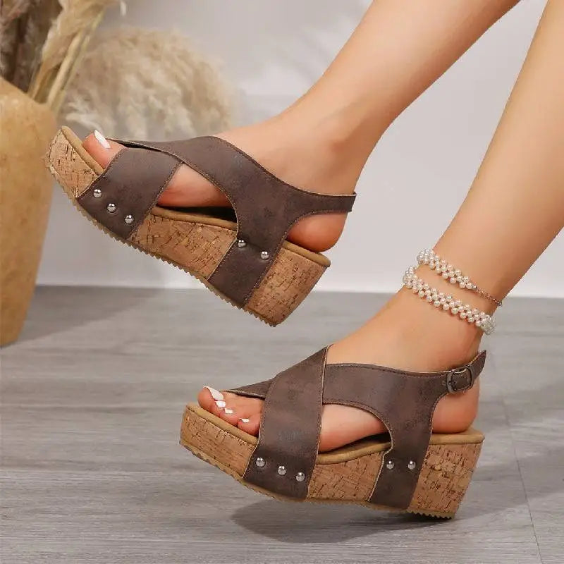 Beige Suede Rivet Wedges Snadals with Cork Soles