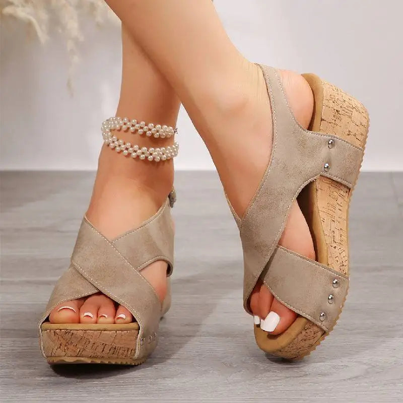 Beige Suede Rivet Wedges Snadals with Cork Soles