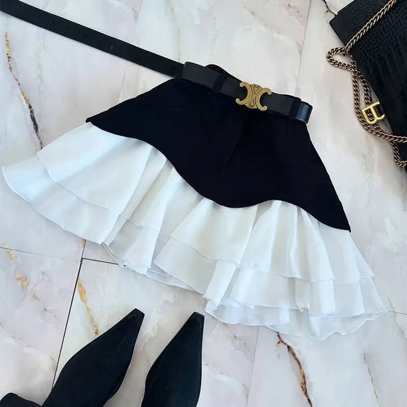 Beige Two Tone Ruffled High Waist Tiered Skirt