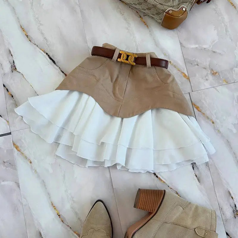 Beige Two Tone Ruffled High Waist Tiered Skirt