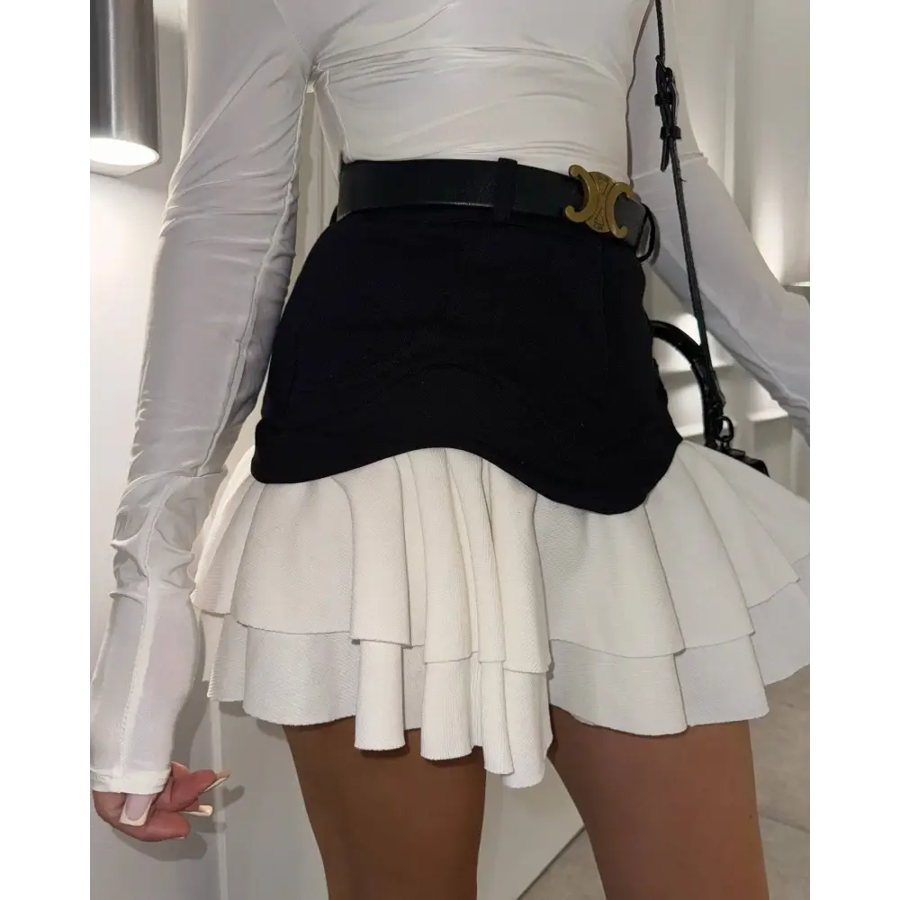 Beige Two Tone Ruffled High Waist Tiered Skirt