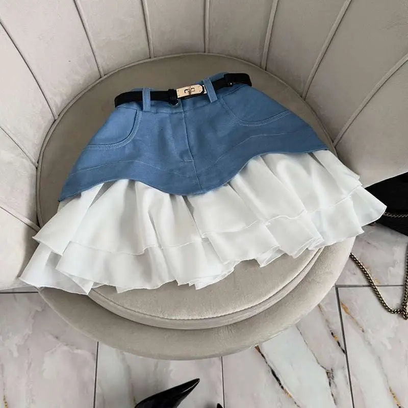 Beige Two Tone Ruffled High Waist Tiered Skirt