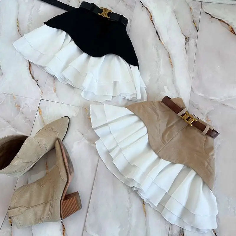 Beige Two Tone Ruffled High Waist Tiered Skirt
