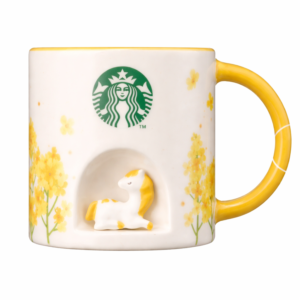 Starbucks mug with a bear and flower design on a white background