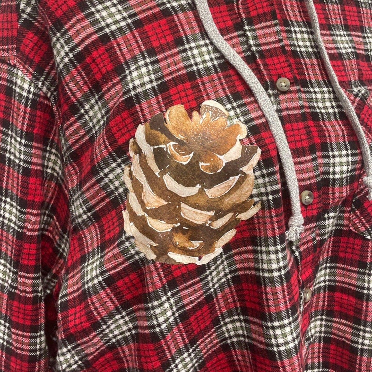 New Hand Printed Womens Large Rustic Pine Cone Long Sleeve Plaid Flannel Hoodie