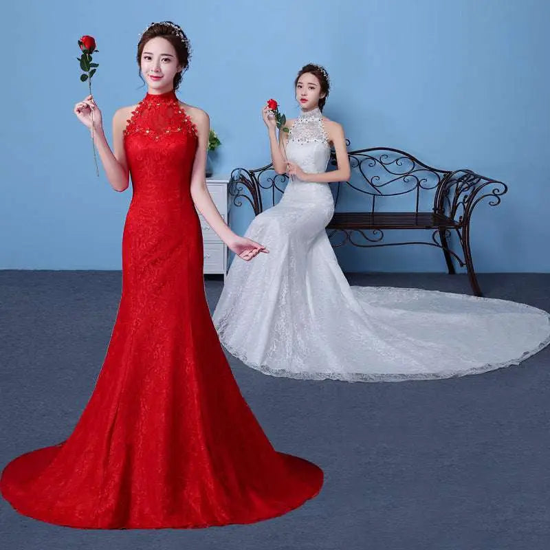 Big Red Wedding Dress Lace Mermaid High Neck
