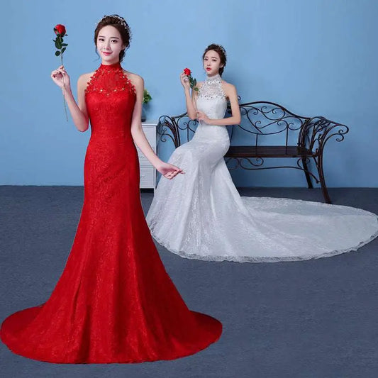 Big Red Wedding Dress Lace Mermaid High Neck