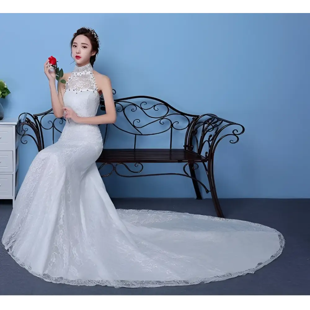 Big Red Wedding Dress Lace Mermaid High Neck