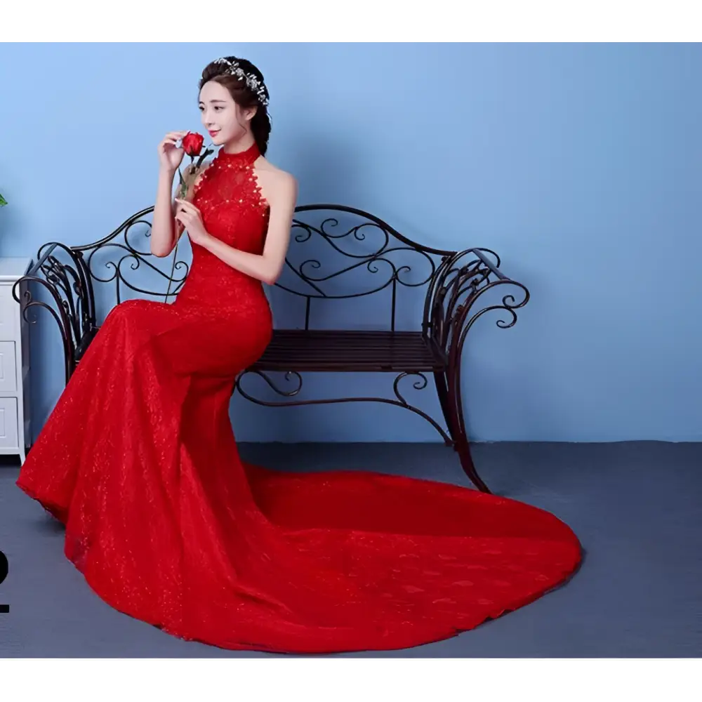 Big Red Wedding Dress Lace Mermaid High Neck