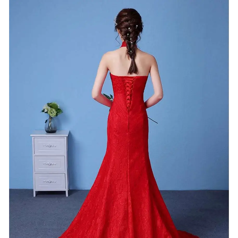 Big Red Wedding Dress Lace Mermaid High Neck