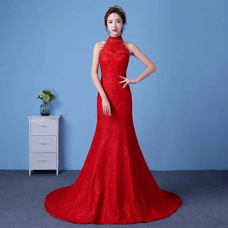 Big Red Wedding Dress Lace Mermaid High Neck