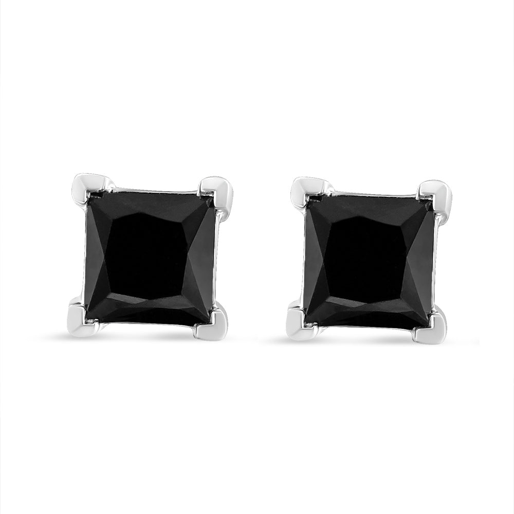 .925 Sterling Silver Princess-Cut Square Black Diamond Classic 4-Prong Stud Earrings with Screw Backs-0
