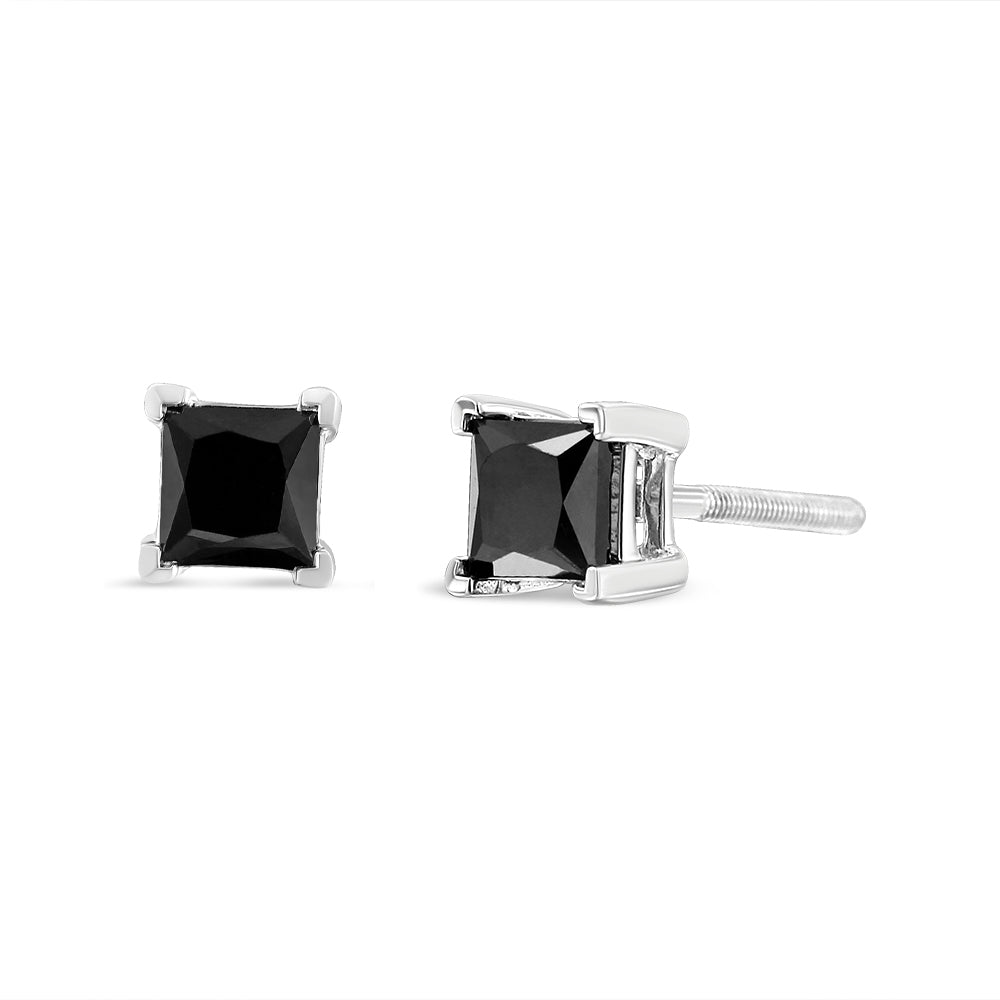 .925 Sterling Silver Princess-Cut Square Black Diamond Classic 4-Prong Stud Earrings with Screw Backs-1