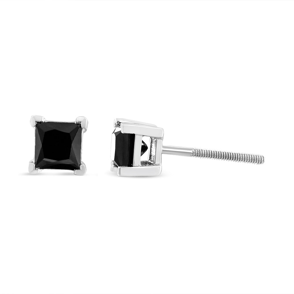 14K White Gold Princess-Cut Treated Black Diamond Classic 4-Prong Stud Earrings-3
