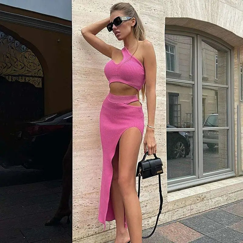 Black and Pink One Shoulder Casual Suit Set