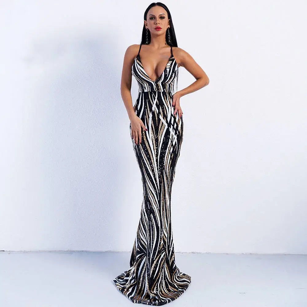 Black and Silver Sequined Mermaid Evening Dress