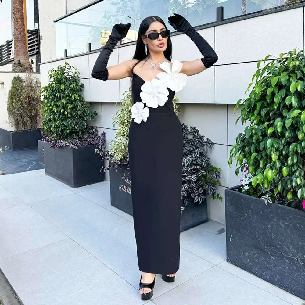 Black Backless Bandage White Floral Gown