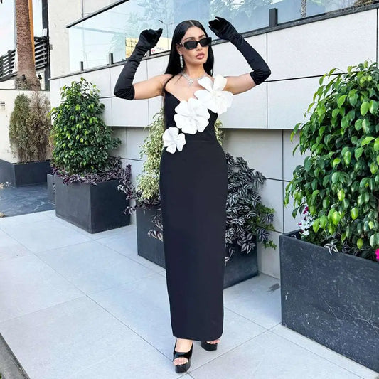Black Backless Bandage White Floral Gown