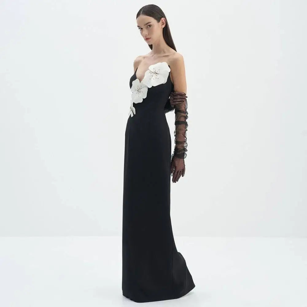 Black Backless Bandage White Floral Gown