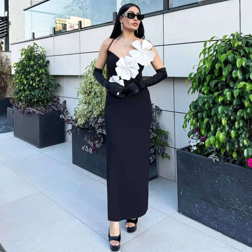 Black Backless Bandage White Floral Gown