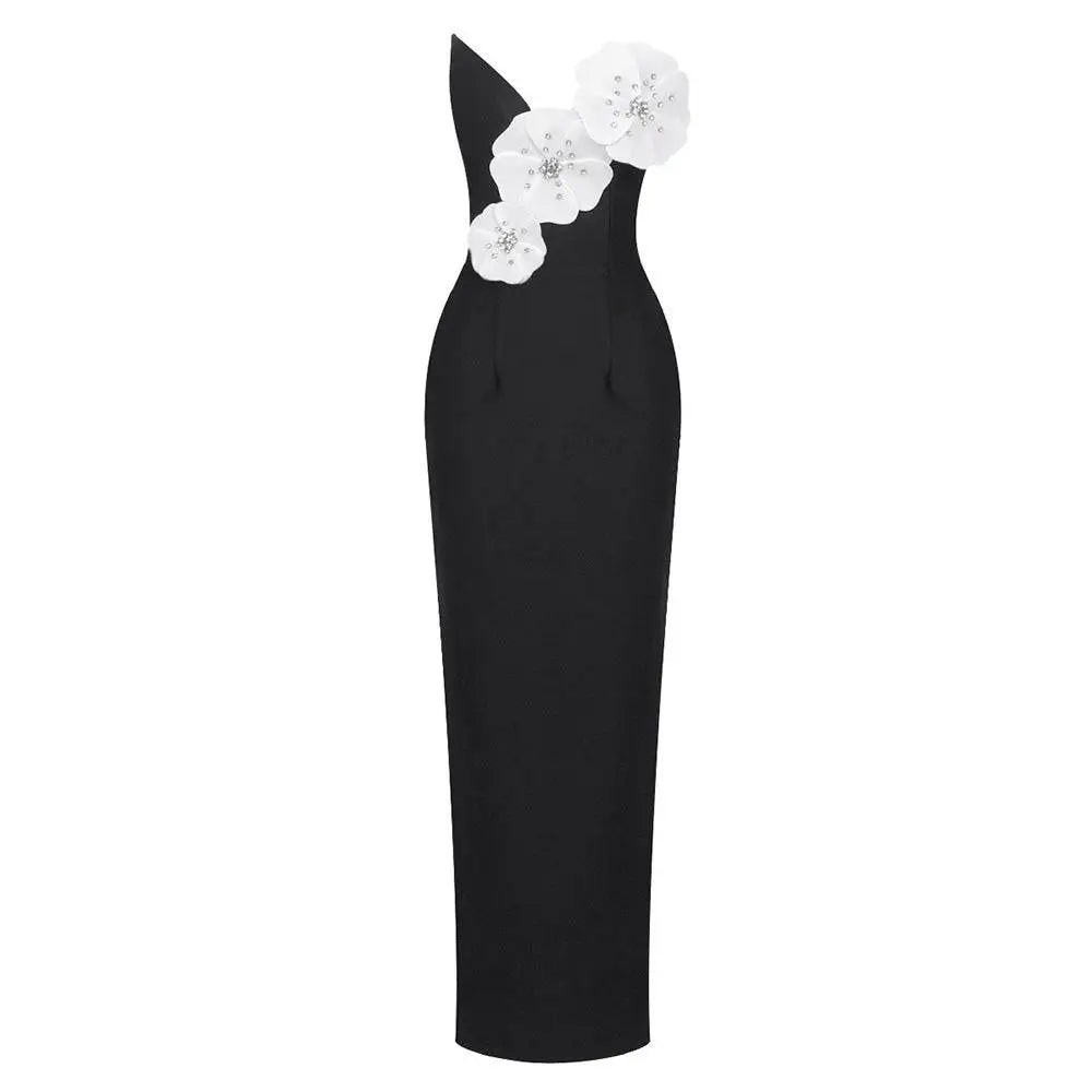 Black Backless Bandage White Floral Gown