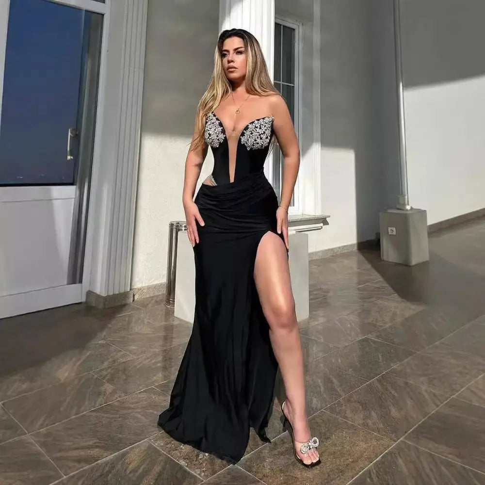 Black Bandeau Hot Drilling Long Dress