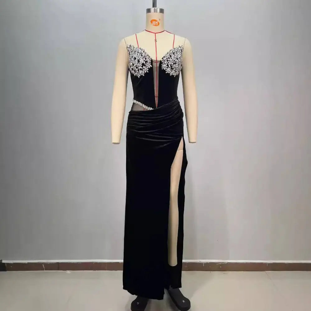 Black Bandeau Hot Drilling Long Dress