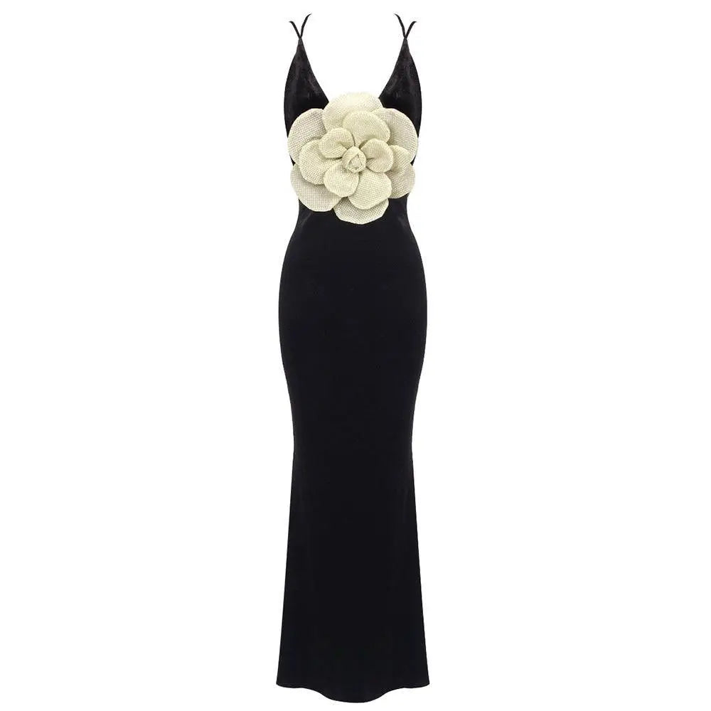 Black Camisole Backless Slim Fit Velvet Floral Gown