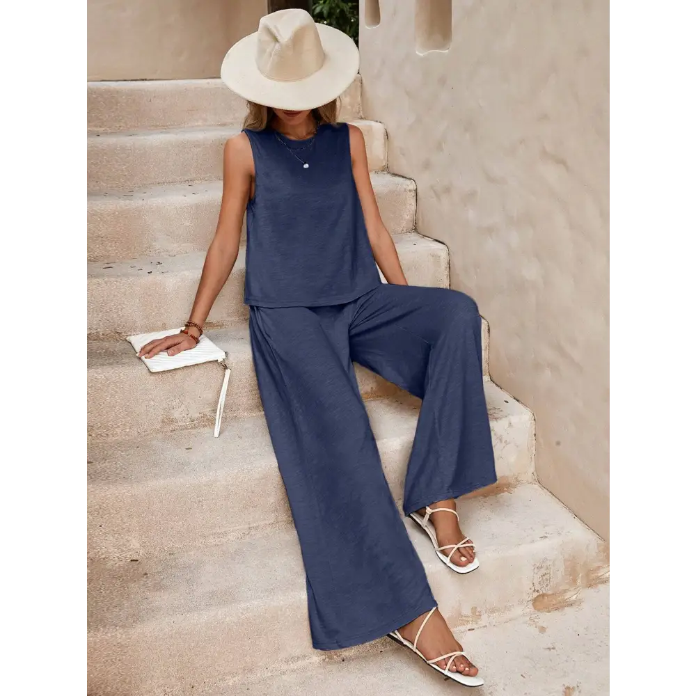 Black Casual Loose Pants Set with Sleeveless Top