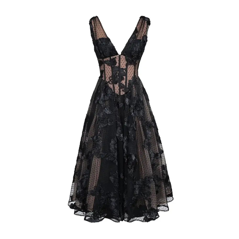 Black Deep V-neck Lace Mesh Evening Dress