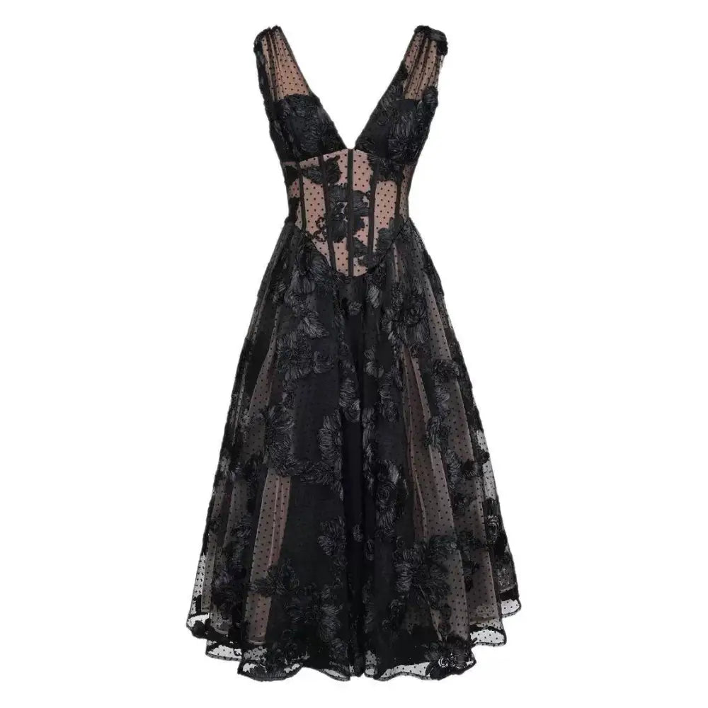 Black Deep V-neck Lace Mesh Evening Dress