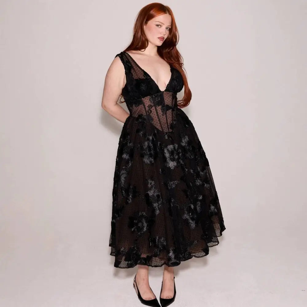 Black Deep V-neck Lace Mesh Evening Dress