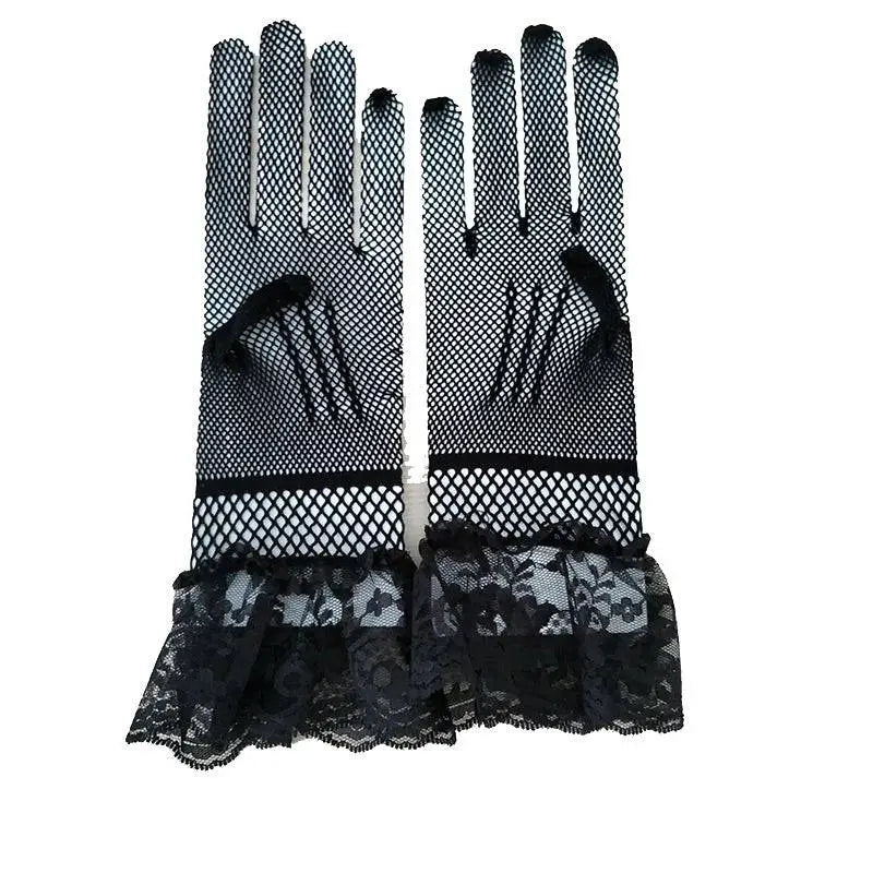 Black Fishnet Stretch Mesh Gloves with Lace Cuffs