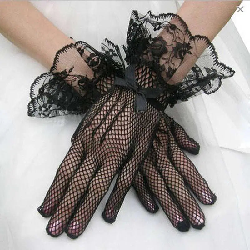 Black Fishnet Stretch Mesh Gloves with Lace Cuffs